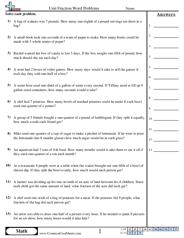 Unit Fraction Word Problems worksheet